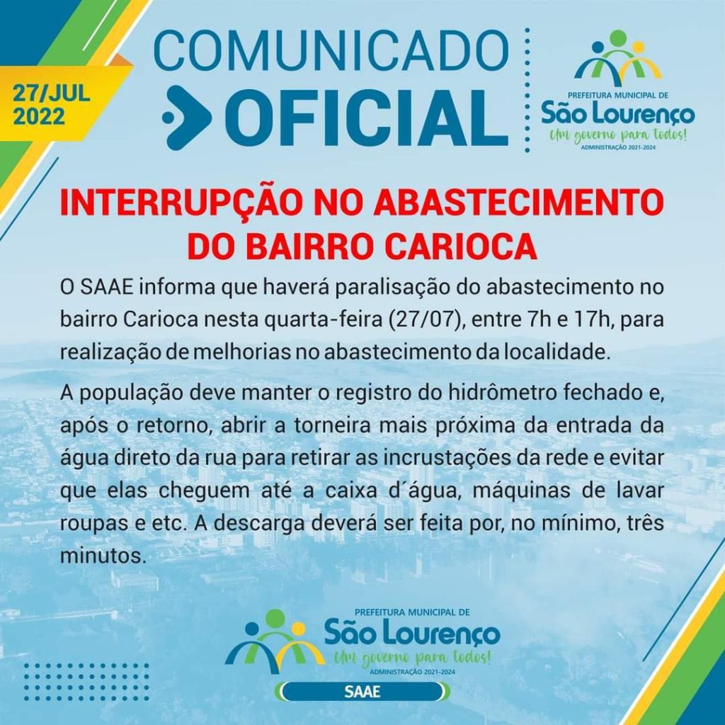 saae car Saae informa manutenção no Bairro Carioca