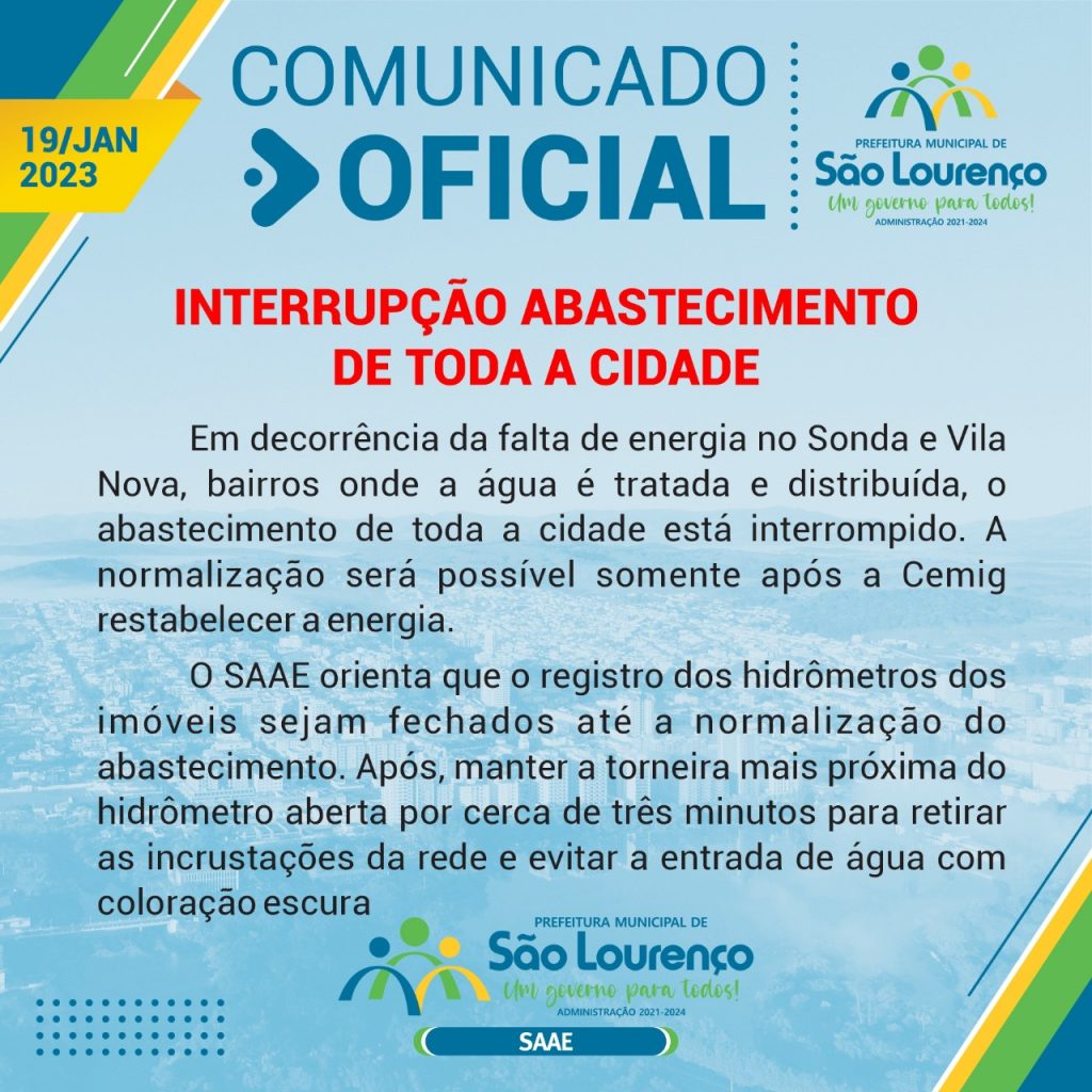 saae 2 1 Saae Informa interrupção do abastecimento de toda a cidade