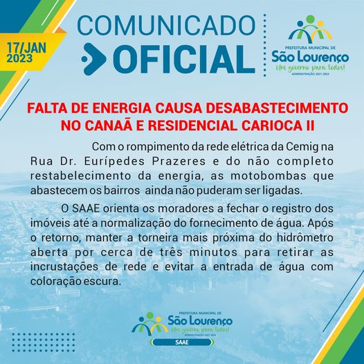 saae luz Moradores do Carioca e Canaã ficaram sem luz e sem água por mais de 24h