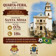 Missa da tarde terá horário alterado nesta quarta-feira devido ao jogo da Seleção Brasileira 1 WhatsApp Image 2026 06 24 at 09.08.26 Missa da tarde terá horário alterado nesta quarta-feira devido ao jogo da Seleção Brasileira